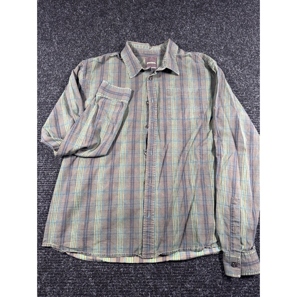 prAna Mens XL Organic Cotton Plaid Button Up Shirt Long Sleeve Brown Green